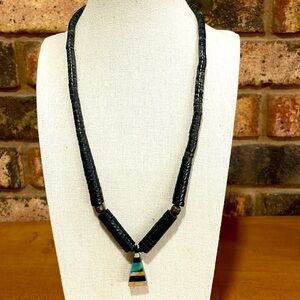 Santo Domingo Pueblo Gemstone Inlay Turquoise Shell Heishi Pendant Necklace